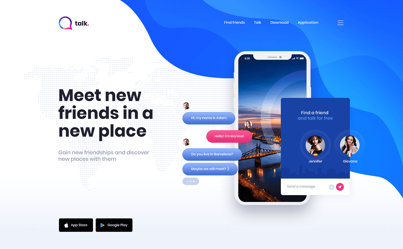 Communication app landing page with messaging interface and phone mockup