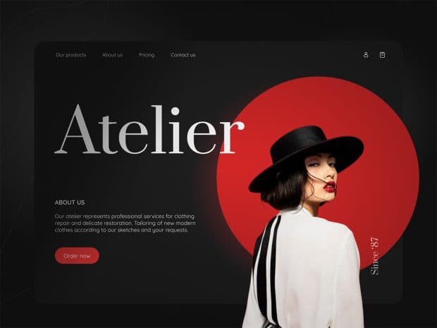 Boutique fashion app concept with editorial styling and a red circular backdrop